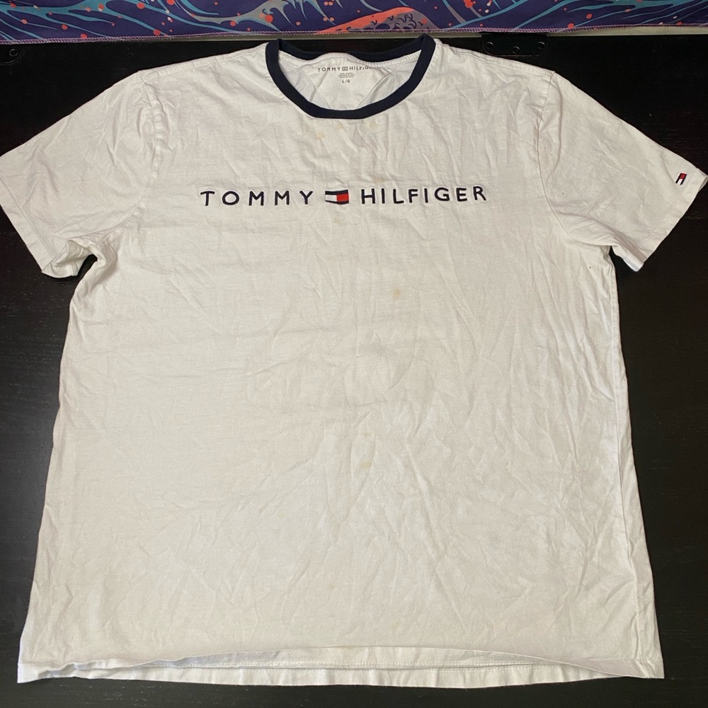 Tommy Hilfiger White Tee with Navy Trim and Logo